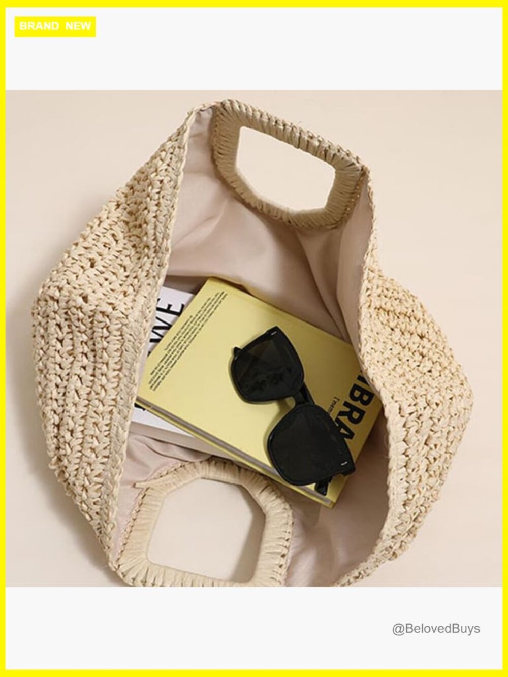Straw Woven Tote Bag with Geometric Handles Beach Holiday Ladies Handbag - Picture 7 of 7